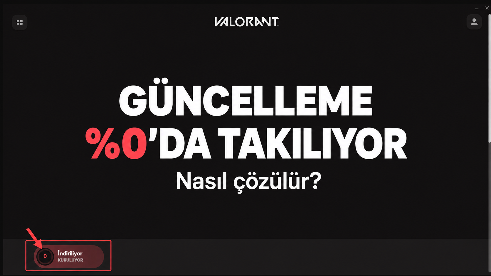 VALORANT güncellemesinin %0’da kaldığını gösteren temsili Riot Client ekranı ve Jett karakteri.