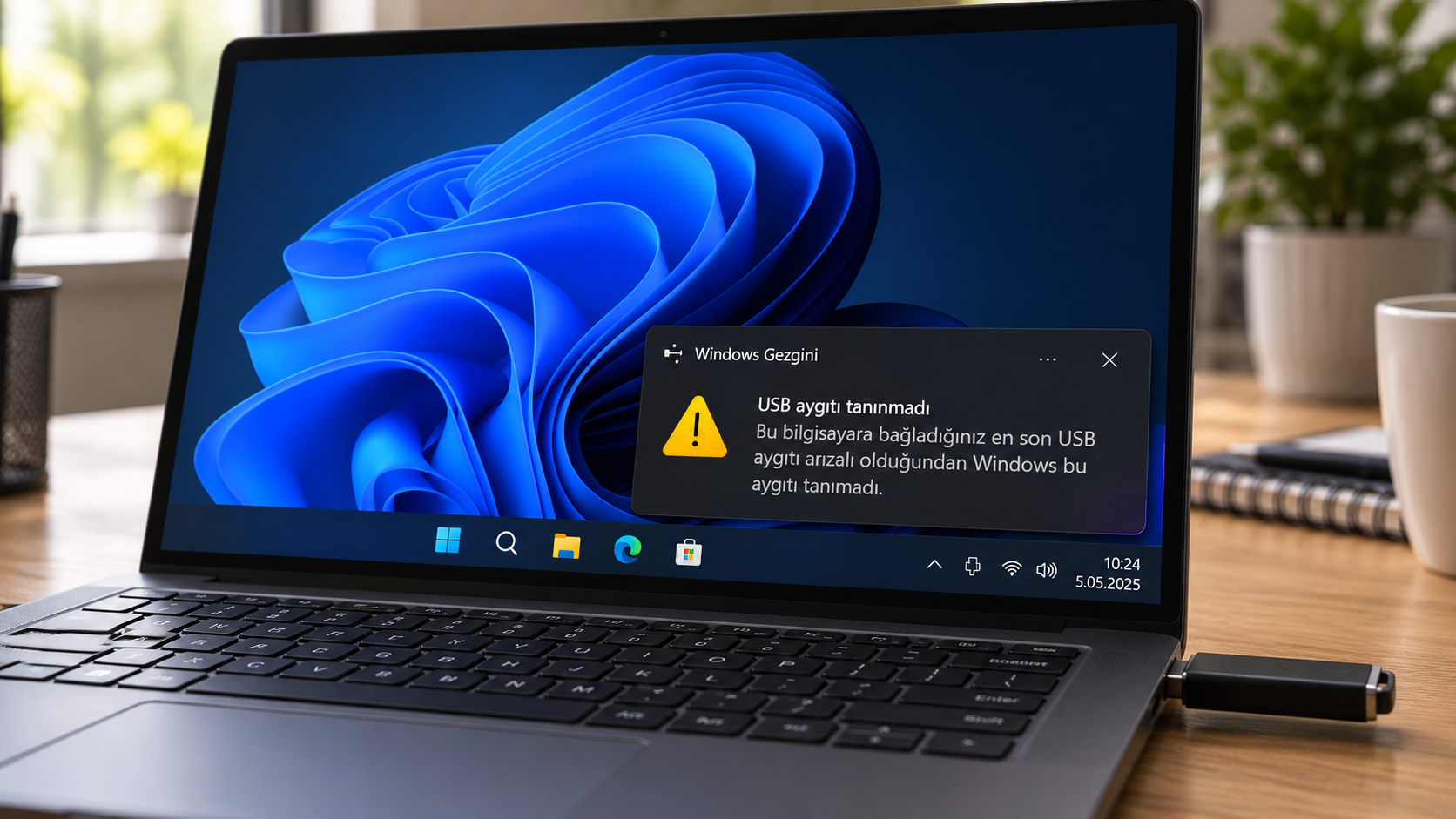 Windows 11 ekranında USB aygıtı tanınmadı uyarısı ve bilgisayara bağlı USB bellek Caption: