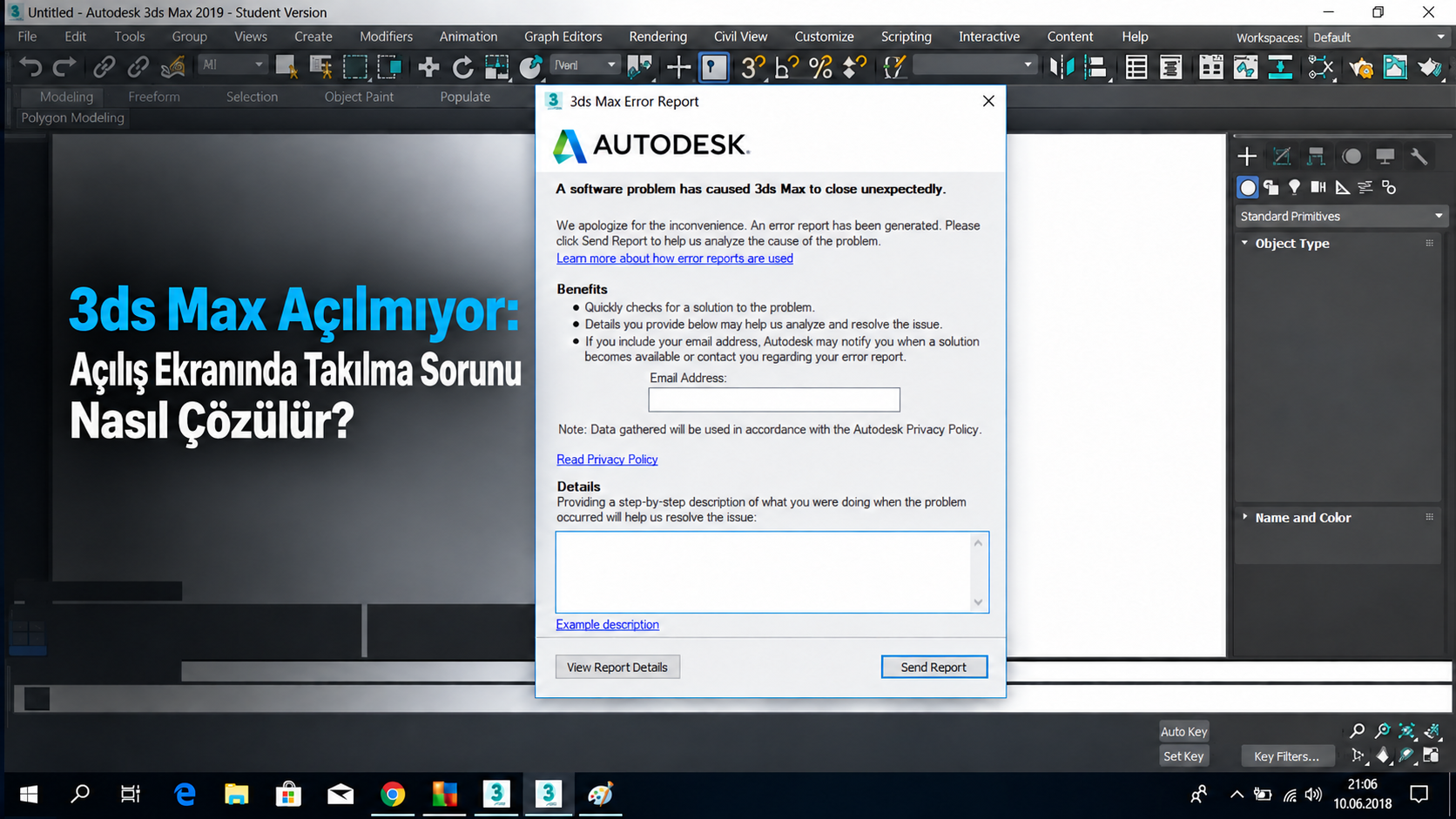 3ds Max açılış ekranında takılırken görüntülenen Autodesk hata raporu penceresi.