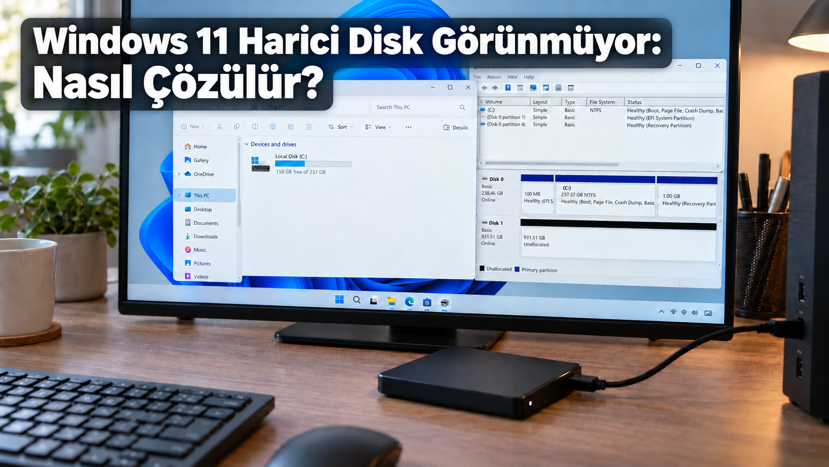 Windows 11’de harici disk görünmüyor sorunu ve Disk Yönetimi ekranı