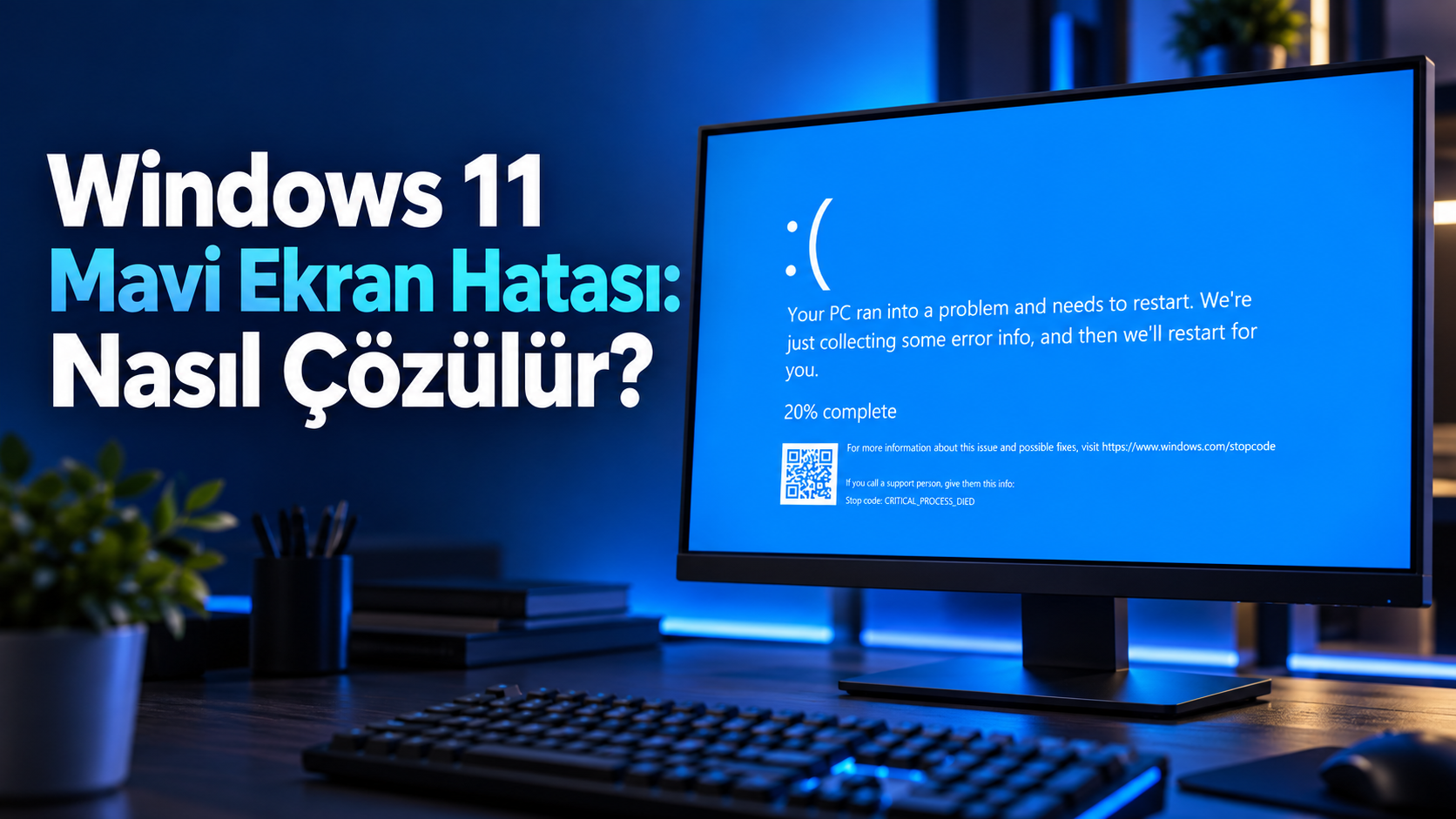Windows 11 mavi ekran hatasını ve CRITICAL_PROCESS_DIED durdurma kodunu gösteren bilgisayar ekranı.