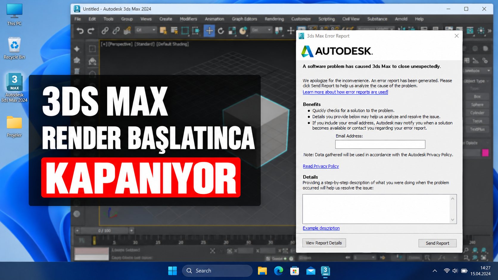 Windows 11’de render başlatıldığında 3ds Max’in kapanmasını gösteren Autodesk hata raporu ekranı.