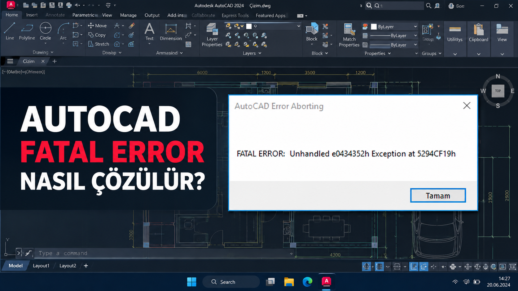 Windows 11’de AutoCAD Fatal Error hata penceresi ve çözüm başlığı.