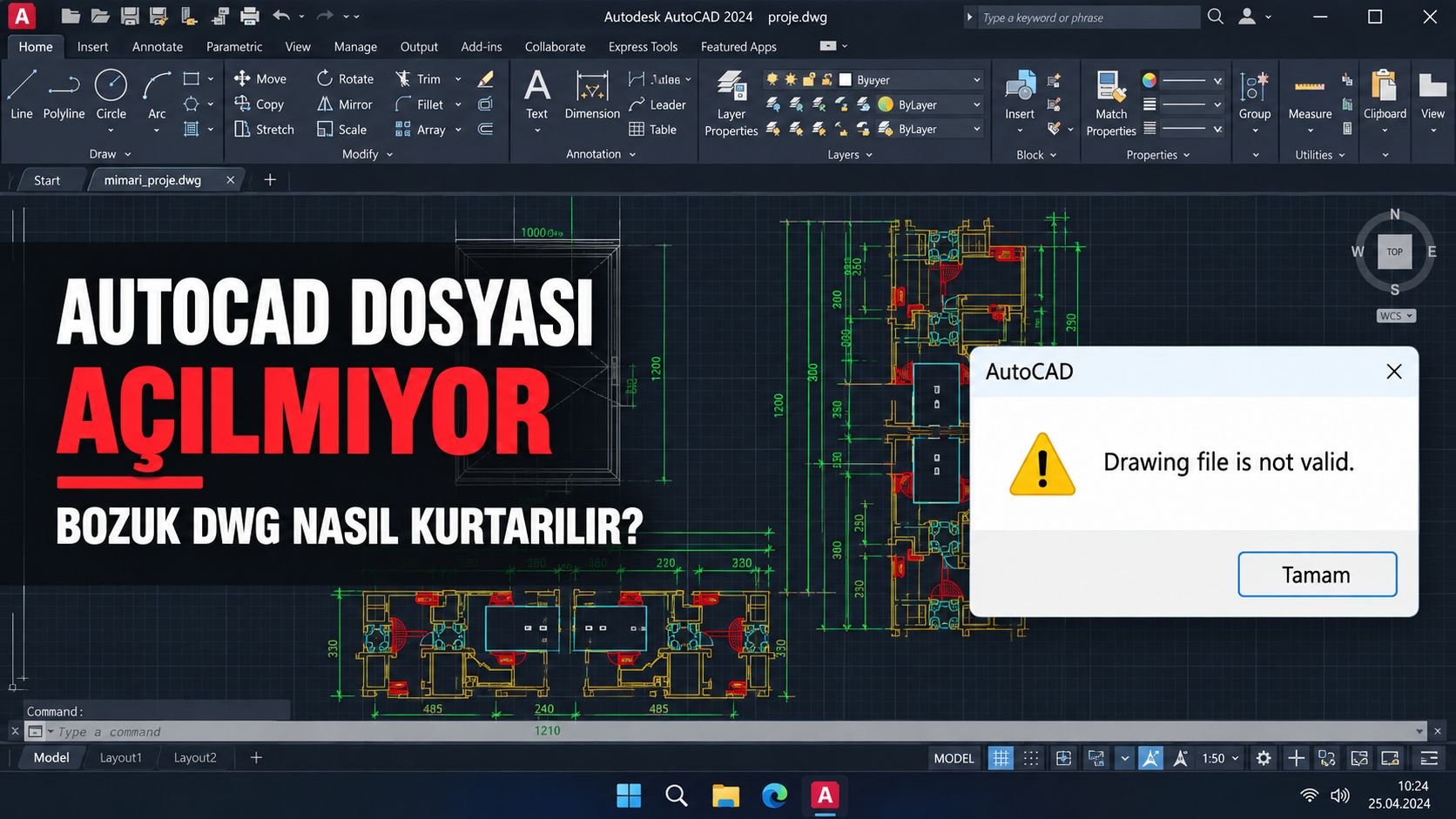 AutoCAD’de Drawing file is not valid hatası veren bozuk DWG dosyası.