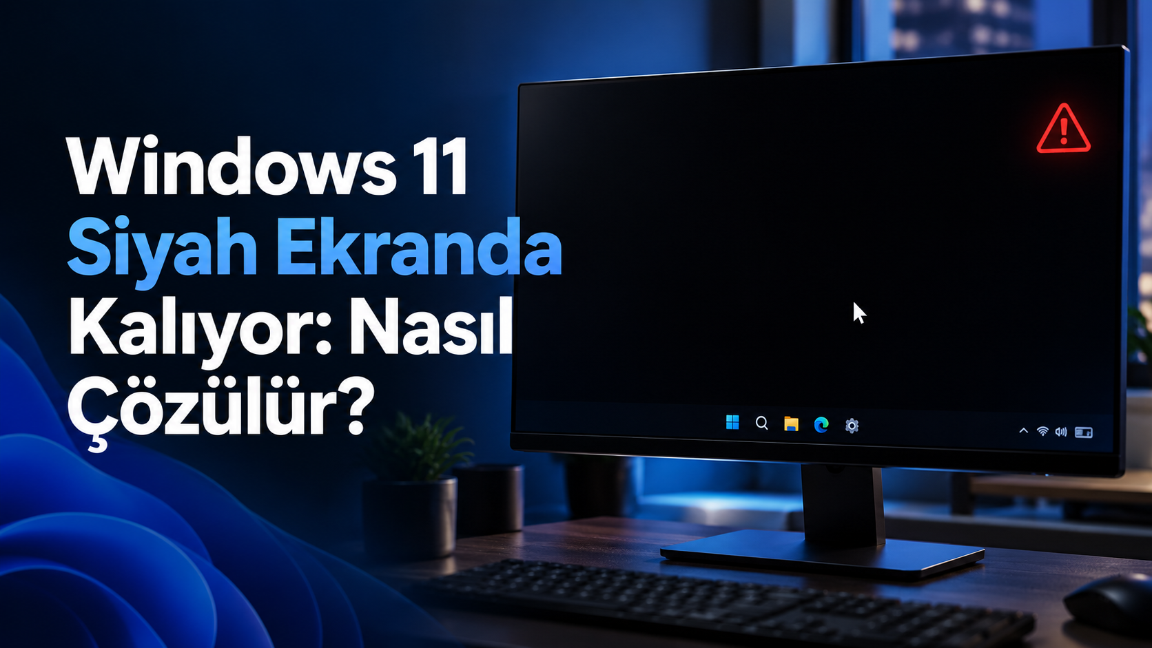 Windows 11 siyah ekranda kalıyor sorununu gösteren monitör, fare imleci ve uyarı simgesi.