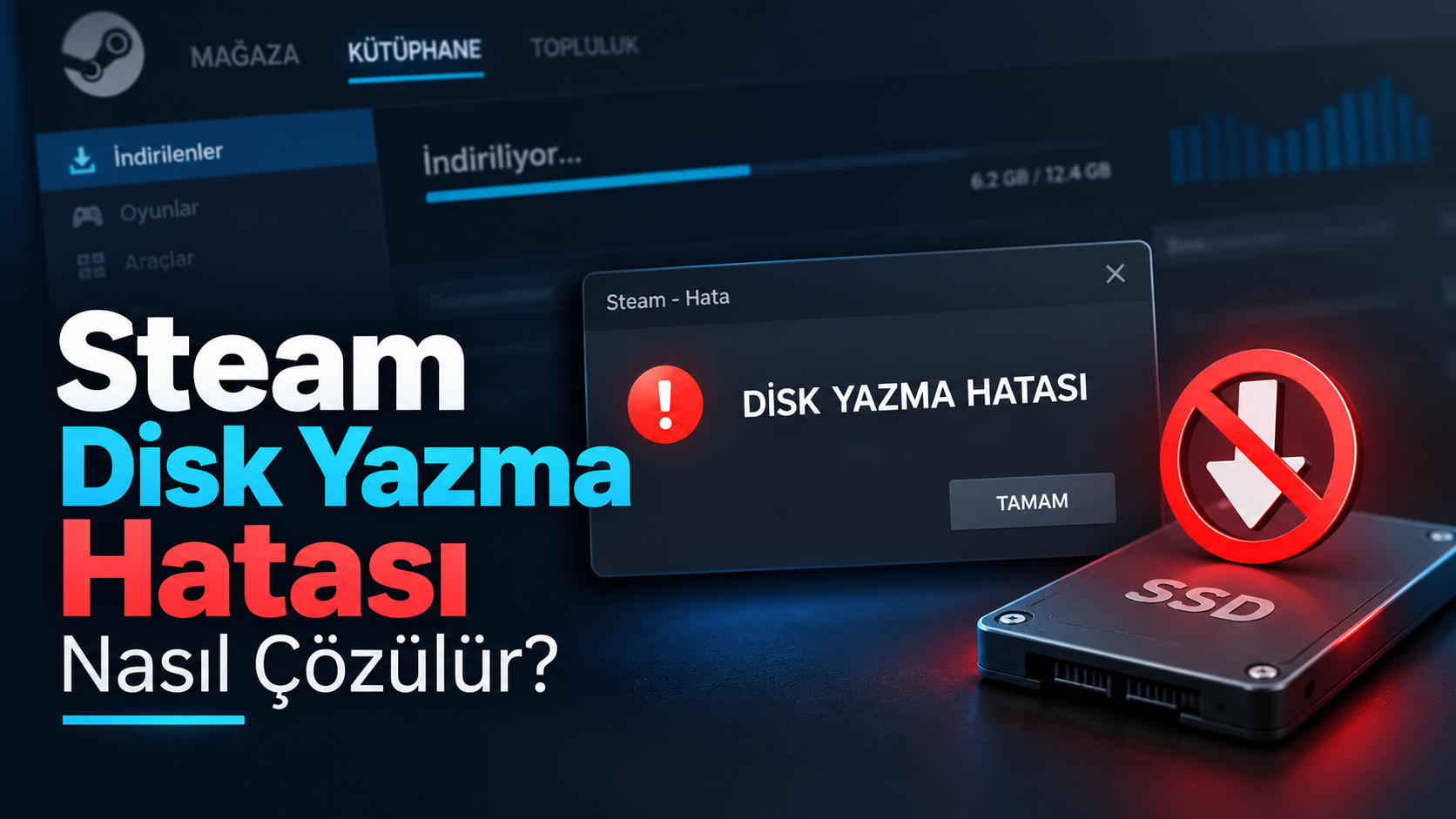 Steam disk yazma hatasını gösteren uyarı ekranı ve SSD görseli